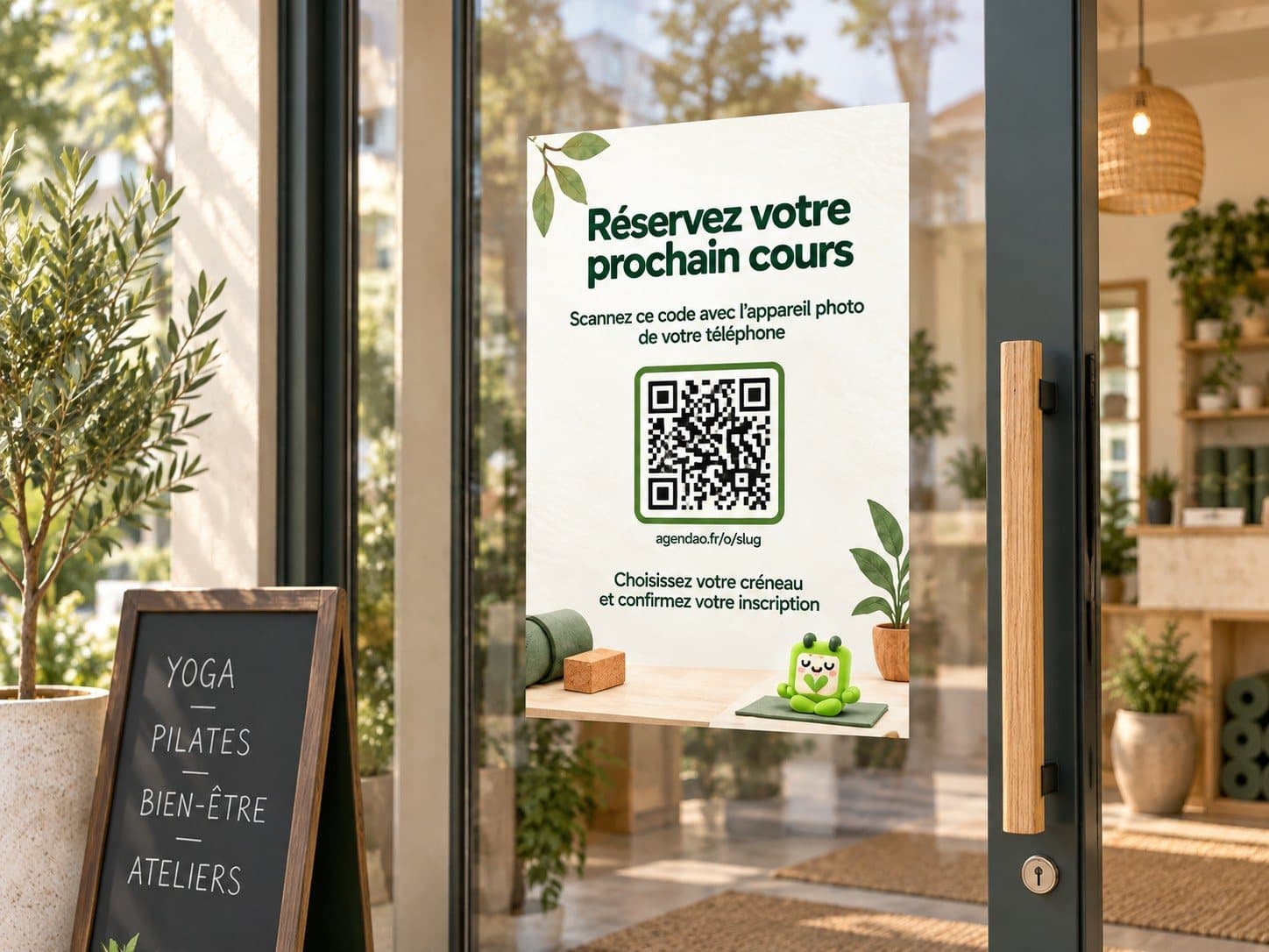 Une affiche avec un QR code, collée sur la porte vitrée d’un studio de yoga